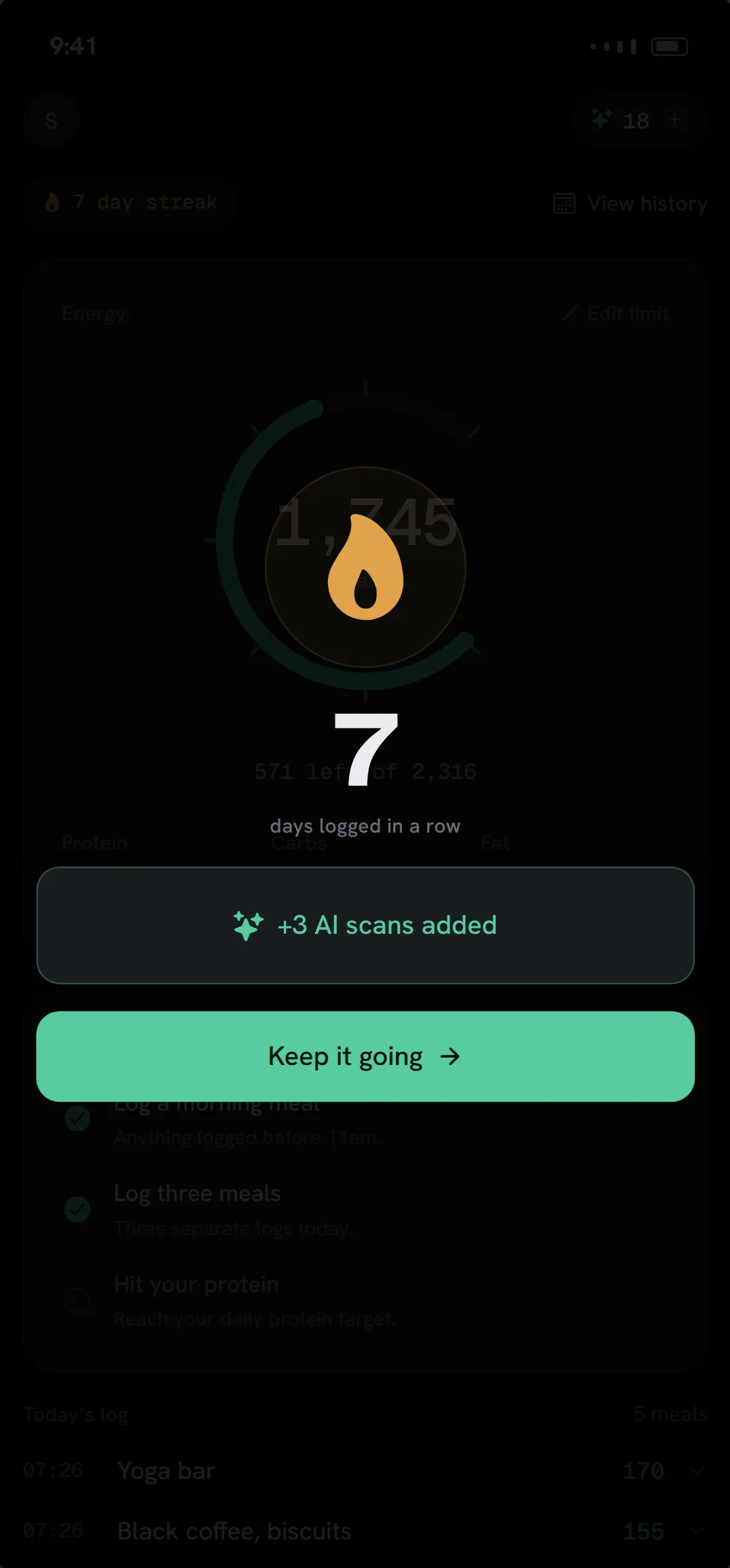 Fitto streak celebration showing 7 days logged in a row and 3 AI scans added